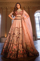 Light Pink Raw Silk Bridal Heavy Work Lehenga Choli with Floral and Bird Motifs